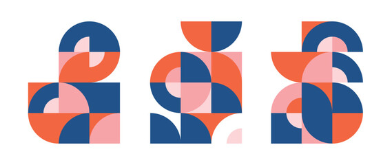 Set of geometric pattern element in mid-century style. Retro abstract collection of colorful circle, curve, square and triangle shapes. Modern trendy design for cover, business card, poster, wall art.