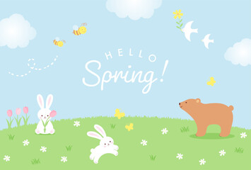 spring vector background with animals, insects and flowers on a green field for banners, cards, flye