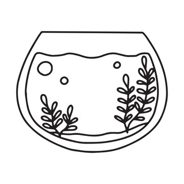 Fishbowl. Aquarium with algae in a linear style. vector illustration. Empty isolated aquarium in Doodle style.