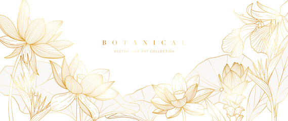 luxury tropical flower golden line art wallpaper. elegant botanical lotus and exotic wildflowers bac