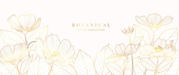 luxury tropical flower golden line art wallpaper. elegant gradient botanical cosmos flowers backgrou