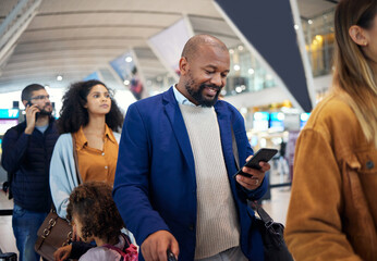 Travel, queue and phone with black man in airport for flight, vacation and immigration. Happy, communication and technology with businessman in line with luggage for trip, holiday and first class