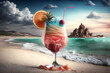 Cocktail on a beach. Cold drink on beatiful coast beach with calm sea. Generative AI