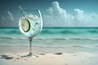 Cocktail on a beach. Cold drink on beatiful coast beach with calm sea. Generative AI