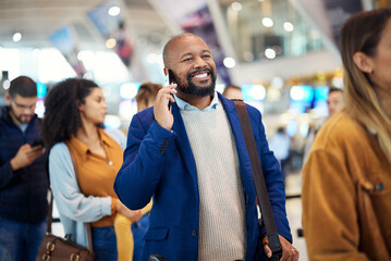 Canvas Print - Travel, queue and phone call with black man in airport for flight, vacation and immigration. Happy, communication and technology with businessman in line with luggage for trip, holiday and journey