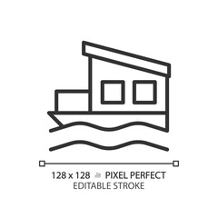 Wall Mural - Houseboat pixel perfect linear icon. Float house. Moored building in lake, river. Modern property. Real estate. Thin line illustration. Contour symbol. Vector outline drawing. Editable stroke