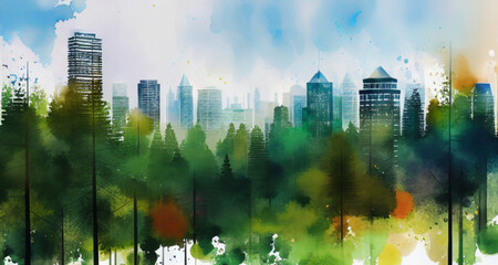 Trees In The Highrise Buildings View Eco Concept