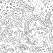 Fairytale Weather Forecast Seamless Pattern. Endless Texture with Sun, Moon, Rainbow, Clouds, Umbrellas etc. Fantasy Cartoon Design. Vector Contour Illustration. Coloring Book Page