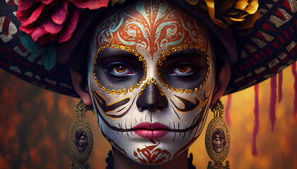 Wall Mural - Dia de los muertos, closeup view of Girl in carnival mask for a traditional Mexican holiday of the day of the dead. generative AI