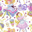 Seamless pattern with Alice, Cheshire Cat, cups, teapots, white rabbit, key, playing cards. Alice in Wonderland theme elements set. Watercolor illustration