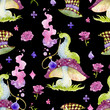 Seamless pattern with caterpillar on mushroom, hatter's hat, flowers and suits on black background. Alice in Wonderland theme elements set. Watercolor illustration