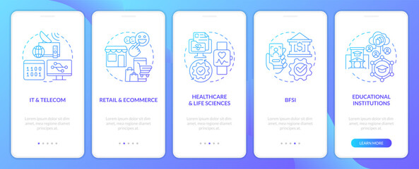 Version control system industry blue gradient onboarding mobile app screen. Walkthrough 5 steps graphic instructions with linear concepts. UI, UX, GUI template. Myriad Pro-Bold, Regular fonts used