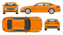Orange Sports Car Vector Template With Simple Colors Without Gradients And Effects. View From Side, Front, Back, And Top