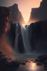 Wall Mural - sunset view of waterfall and canyon generative ai