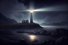 Beautiful Night Sky Behind A Shining Lighthouse