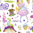 Seamless pattern with Alice, Cheshire Cat, caterpillar on mushroom, hat, key.. Alice in Wonderland theme elements set. Watercolor illustration