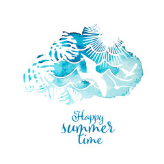 Wall Mural - Abstract sea watercolor and palm leaf. Happy summer time. Vector illustration