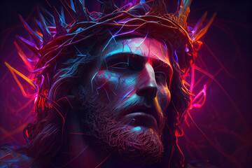 Dramatic illustration of crown in neon color with Jesus . AI