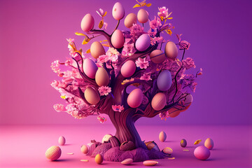 Wall Mural - illustration of easter colorful eggs on blooming tree . AI