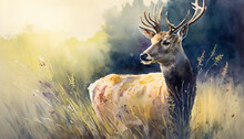 Watercolor Painting Of A Beautiful Deer On A Grassy Field. Generative AI.