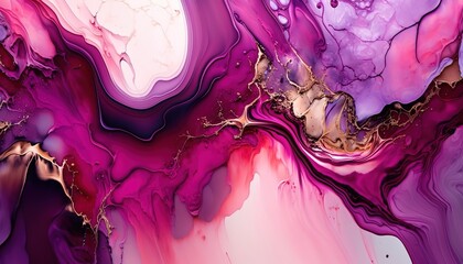 Wall Mural - Abstract background, liquid painting, ink, oil mixture of bright pink, purple and gold colors. High-resolution marble texture background. AI