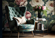 A Chic Interior With A Nice, Light Filled Room To Read Books. Armchair. Wallpaper With A Floral Motif Generative AI