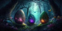 Enchanted Easter Eggs In A Fantasy Forest, Generative AI