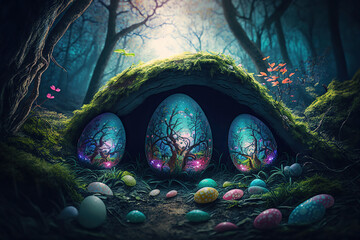 Canvas Print - Colorful hidden easter eggs in a magical forest, Generative AI