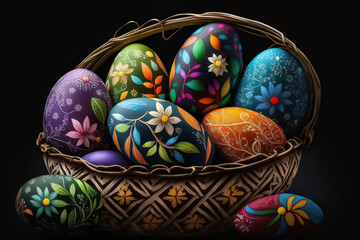 Wall Mural - An illustration of colorful easter eggs in a basket, Generative AI