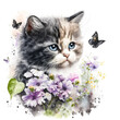 © fotogestoeber - a drawing of a cat between spring flowers watching a butterfly, Generative AI