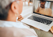 © Courtney/peopleimages.com - Depression, laptop and video call with mental health and people in virtual counseling consultation with doctor and patient. Psychologist, stress headache and trauma with anxiety, support and trust