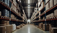 Huge Distribution Warehouse With High Shelves. Generative Ai