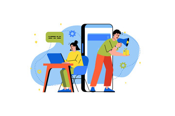 Wall Mural - digital marketing concept with people scene in the flat cartoon style. two marketers advertise diffe