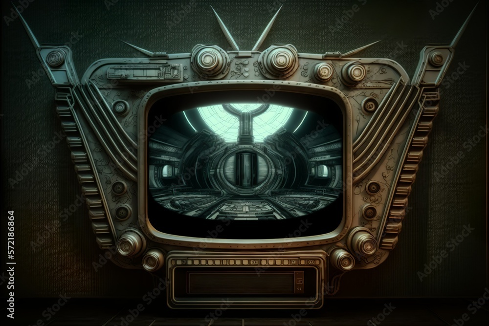 Retrofuturistic vintage television screen sci-fi cyberpunk design for future environments 
