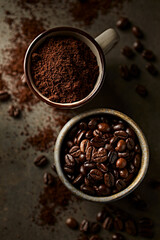 Wall Mural - Coffee beans and ground coffee  in ceramic cups. Top view. Copy space