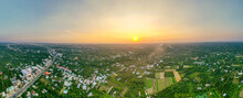 360 Panorama Of Golden Hour Beauty: Serene Tien Giang Province Fields, Tranquil River, And Picturesque Cityscape At Sunset In Vietnam