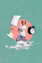 Collage Photo Of Young Carefree Active Awake Girl Jumping Throwing Pillow Good Crazy Morning Drink Coffee Alarm Clock Isolated On Blue Background