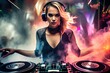 © Infinite Shoreline - dj girl with blonde hair using dj mixer in nightclub with colorful smoke, turntables and disco ball - generative ai