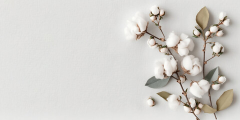 Wall Mural - Cotton flowers with branches and leaves on white background. Copy space for text. Generative AI