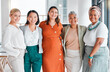 © Lumeez/peopleimages.com - Business women only, portrait and diversity in office teamwork, inclusion and team building empowerment. Happy asian, african and senior manager with pregnant woman for support, goals and job success