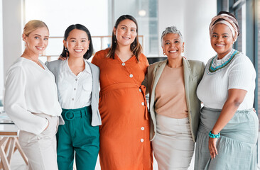 Wall Mural - Business women only, portrait and diversity in office teamwork, inclusion and team building empowerment. Happy asian, african and senior manager with pregnant woman for support, goals and job success