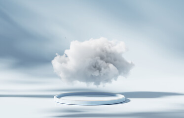 3d display podium, pastel blue background. white cloud levitating. sky concept. nature beauty, cosme