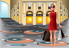 Vector Illustration Of Beautiful Young Woman In Red Minidress With Shopping Bags With A Background Of A Building With Luxury Shops.
