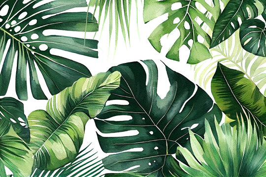 hand drawn watercolor tropical plants background. exotic palm leaves, jungle tree, brazil tropic bot