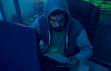 Leinwandbilder - Computer, credit card or neon hacker hacking online software, fintech server or fraud password phishing. Ransomware developer, man programming cybersecurity for scam or programmer coding malware code