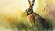 Watercolor painting of hare on grassy field. Generative AI.
