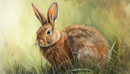 Wall Mural - Watercolor painting of brown rabbit on grassy field. Generative AI.