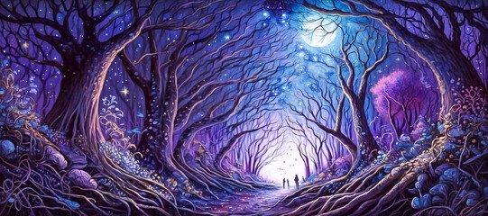 Wall Mural - Full moon in the night forest. Fantasy landscape. Horizontal painting in purple tones.