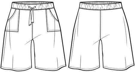 Sticker - mens wide leg baggy shorts flat sketch vector drawstring elastic waistband jersey short technical cad drawing template