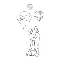  Romantic, hugging couple standing face to face. Hot air balloons in the background. Cappadocia, Turkey. One line art. Vector illustration.